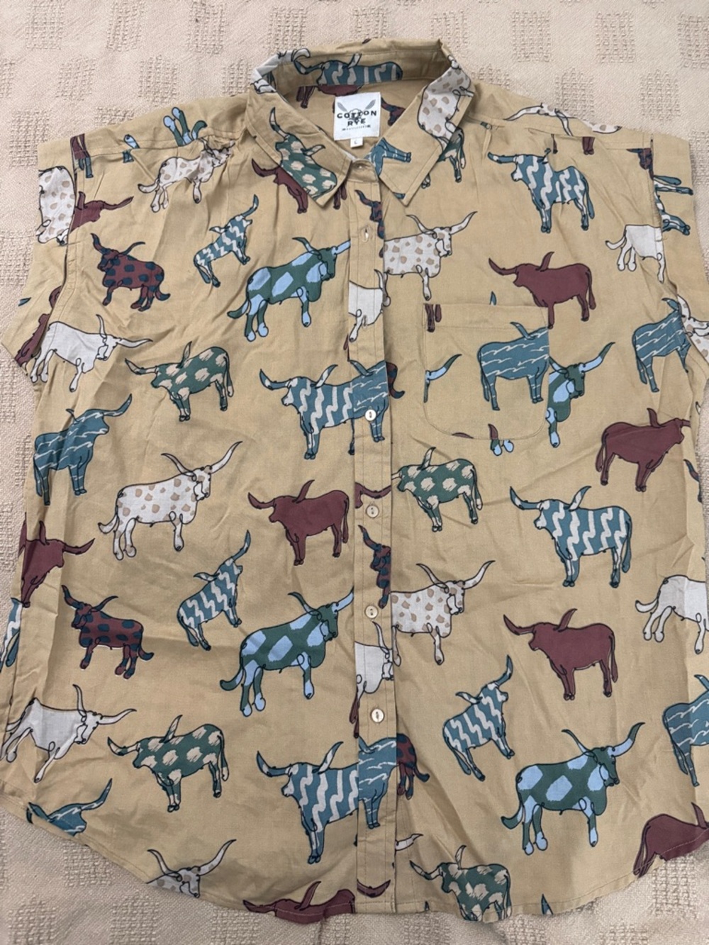 Cotton APE Women's Beige Button-Up Blouse with Multi-Color Longhorn Print